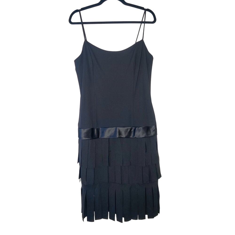Vintage 90s Black Fringe Drop Waist Cocktail Flapper Party Dress 16 Whimsigoth